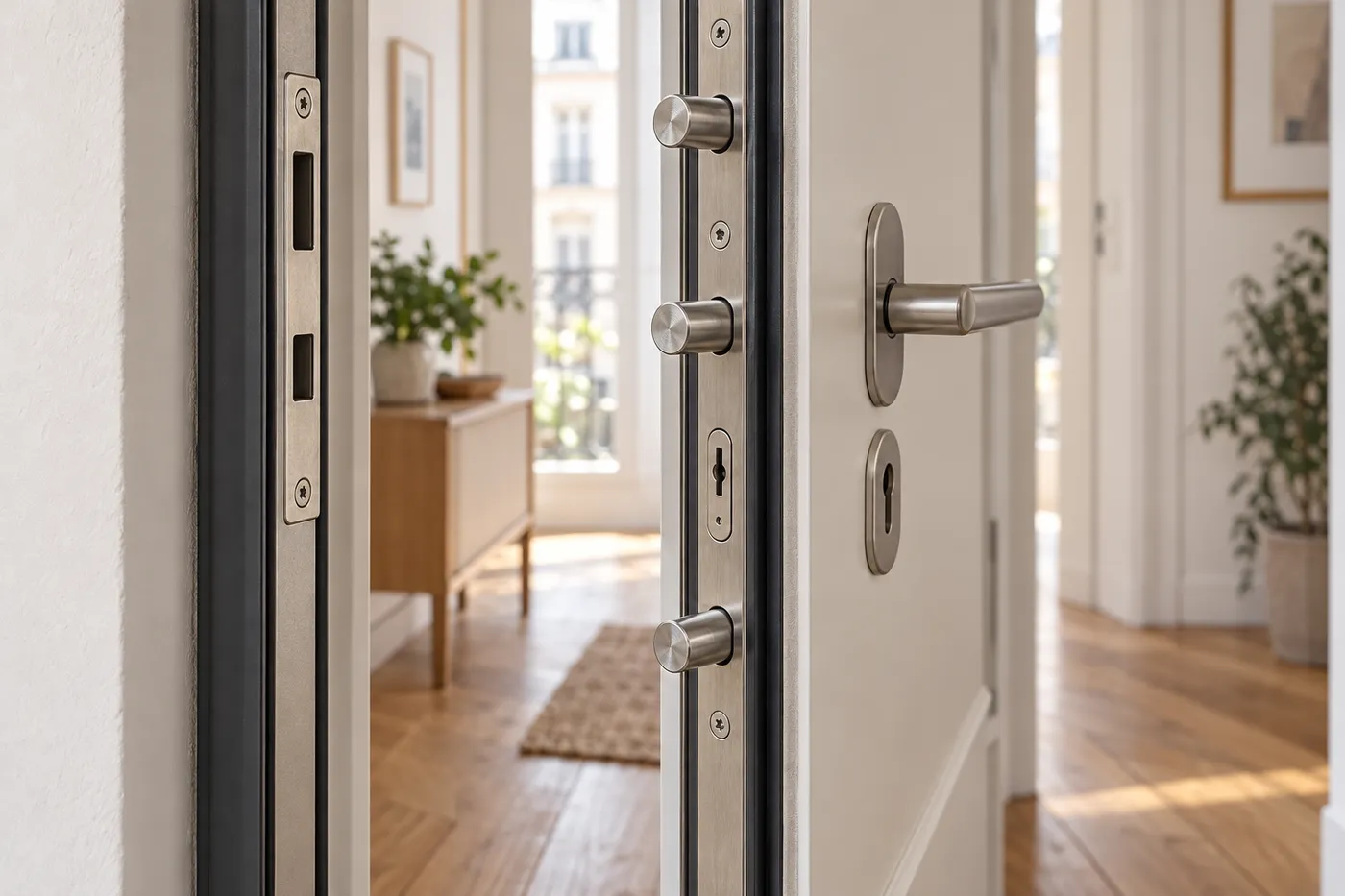 Têtière d'une serrure multipoints à trois points de fermeture sur une porte palière